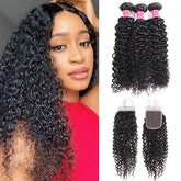 Meetu Curly Wave Human Hair Peruvian Virgin Hair 3 Bundles with 4x4 Lace Closure